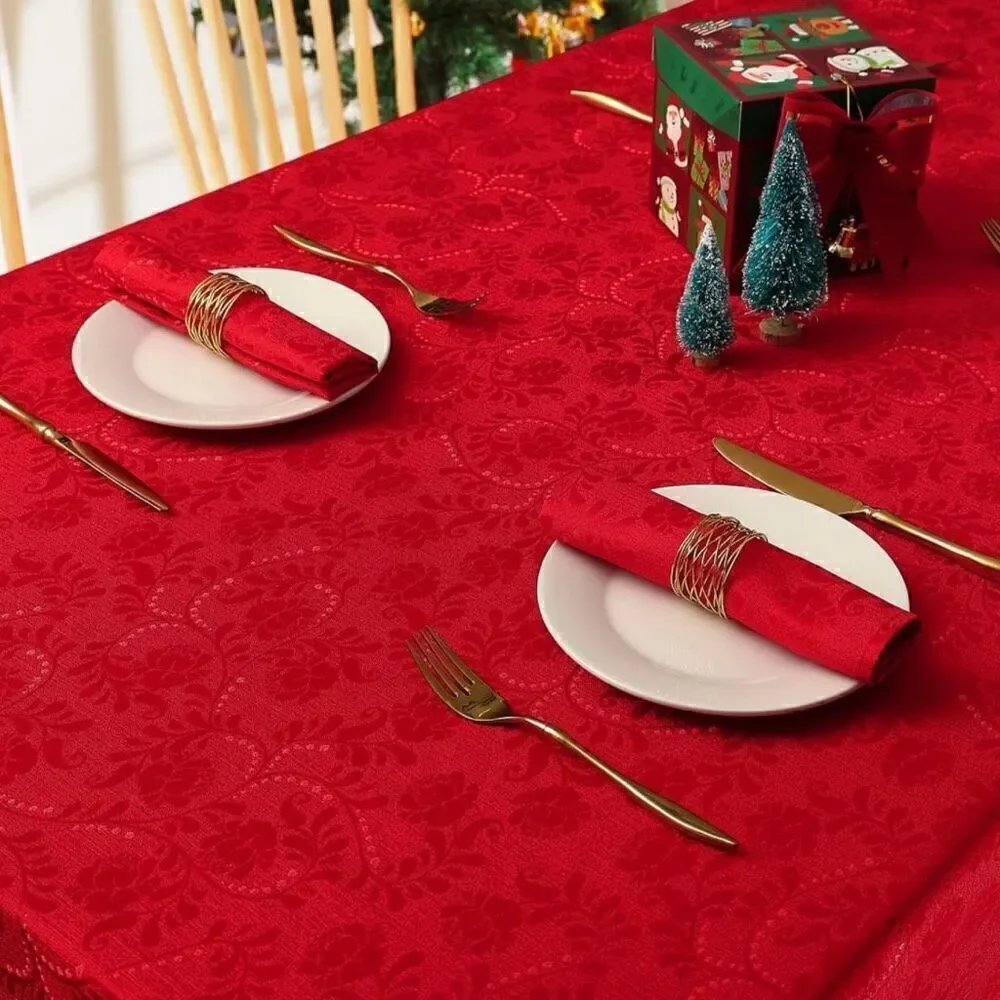 Rectangle Christmas RedTablecloth 60x84 Inch Waterproof Damask Jacquard Cloth
